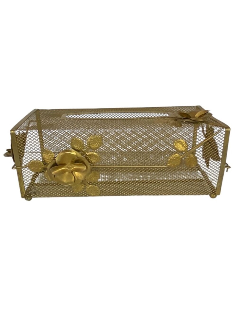 Vintage Decorative Gold Gilt Metal Mesh Tissue Box Holder Floral Rose Accents